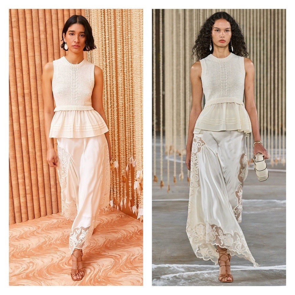 Ulla Johnson Cream Knit Peplum Tank with Lace-Trim Satin Skirt